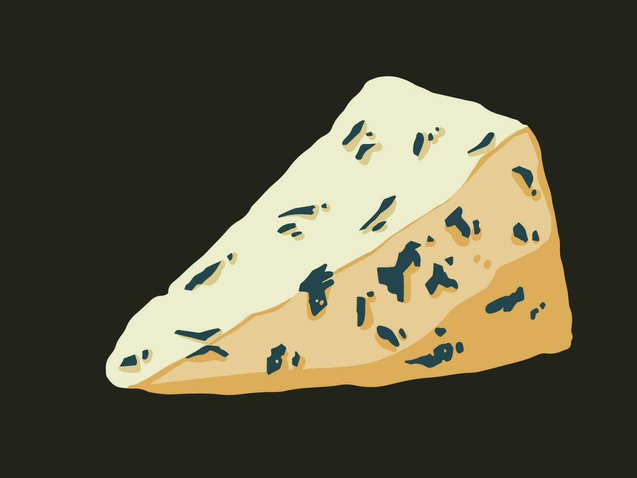 Triangle shaped blue cheese food with edible mold vector illustration isolated on horizontal dark background. Simple and flat art styled digital drawing.