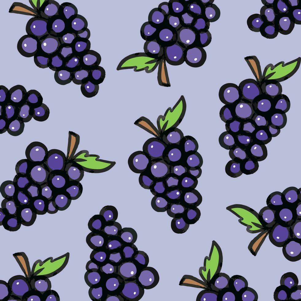 Purple round cartoon outlined grape fruits vector illustrative pattern isolated on light purple square background. Simple flat art styled healthy food drawing for poster, wrapping paper, prints.