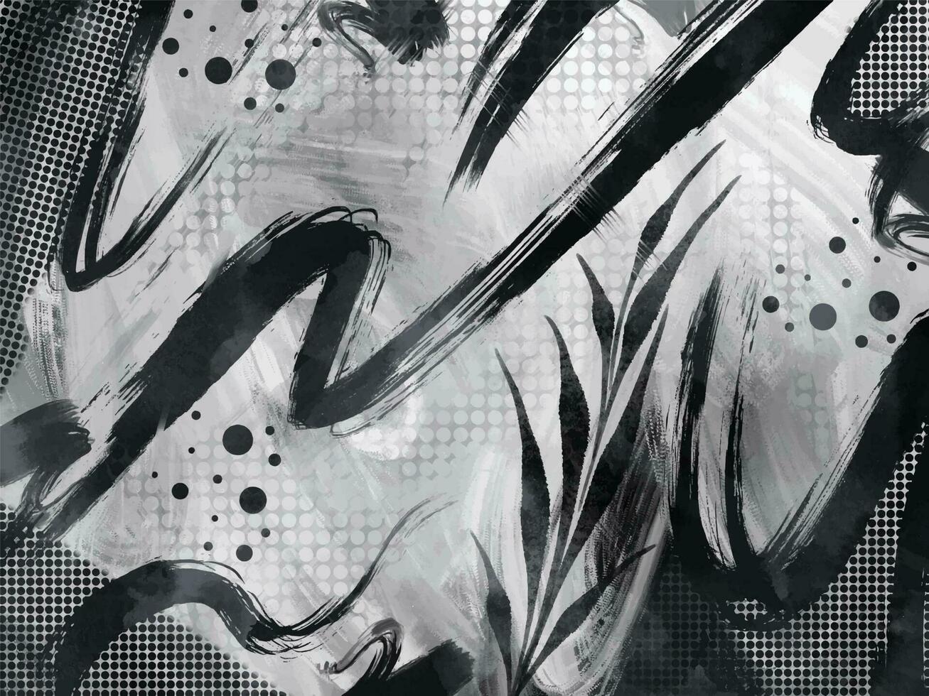 Textured grungy grey black and white monochrome ink abstract brush stroke with polka dots decorations isolated on horizontal landscape template. Wallpaper for social media post, poster, scarf prints. vector