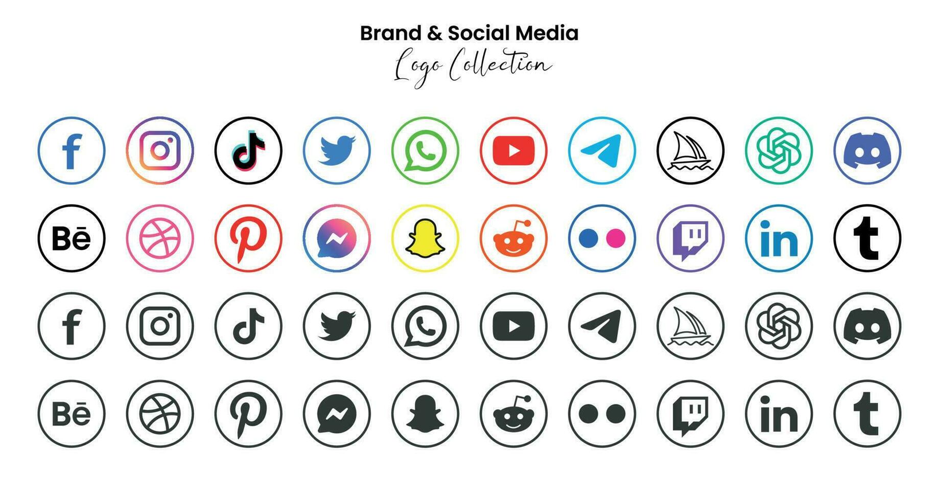 Popular social network symbols, social media logo icons collection, instagram, facebook, twitter, youtube, chatgpt, midjourney, disccord and etc. social media icons vector