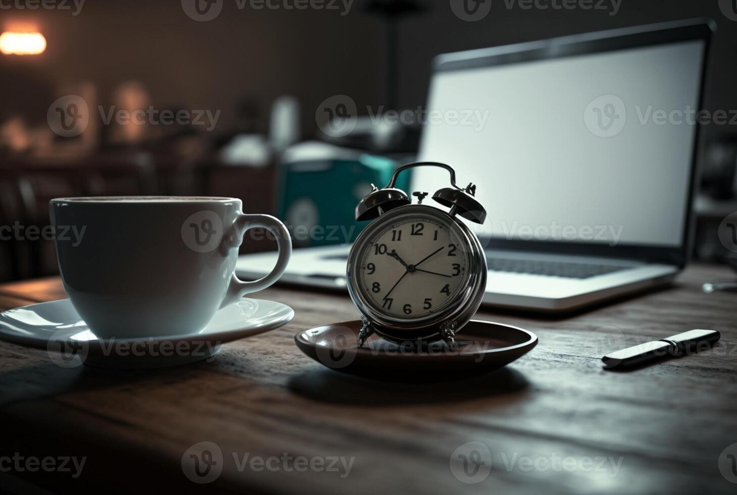 clock with a cup of coffee and a laptop on the table. business concept, photo