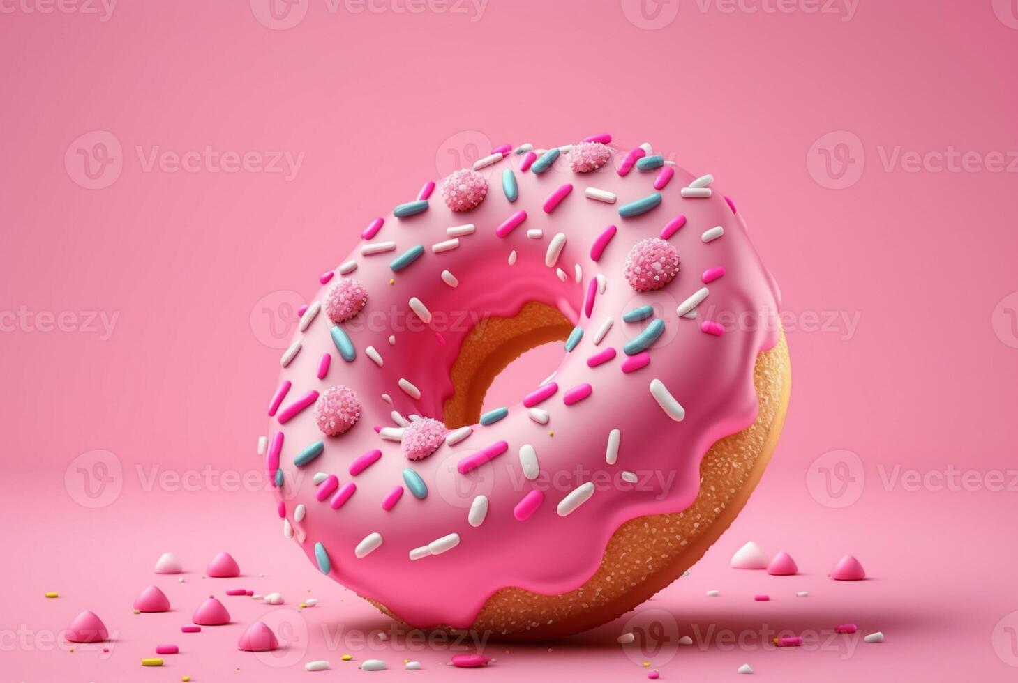 Donuts with pink icing and colorful sprinkles of sugar. On a pink background. photo