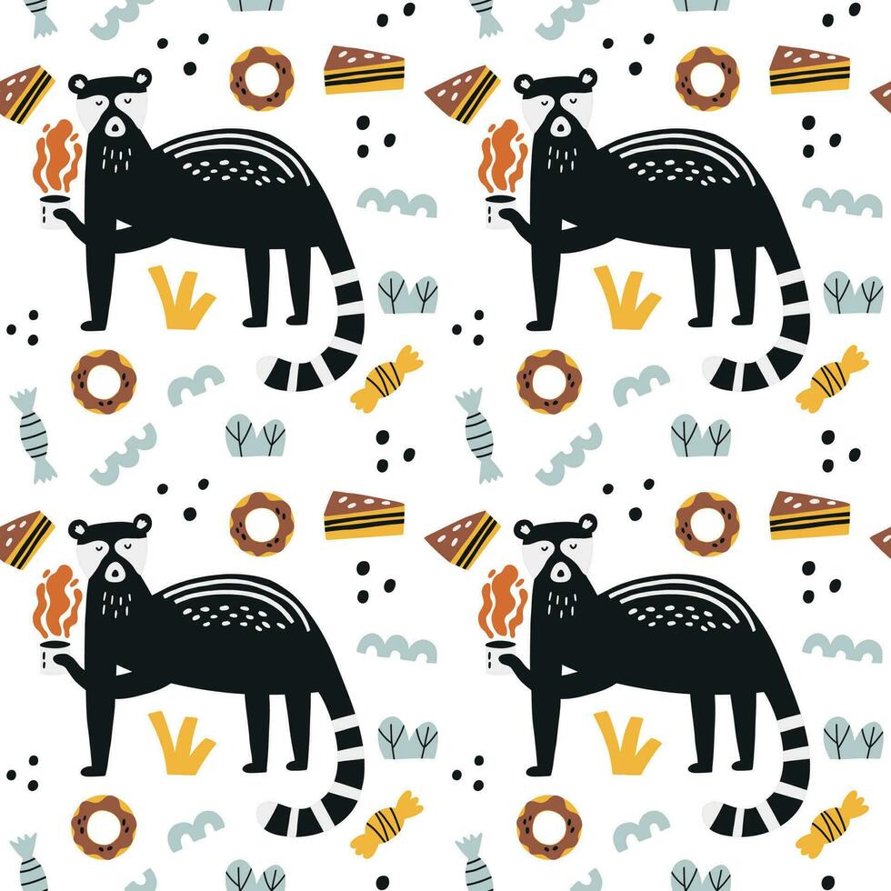 Cute Kopi Luwak with sweet food surface pattern vector