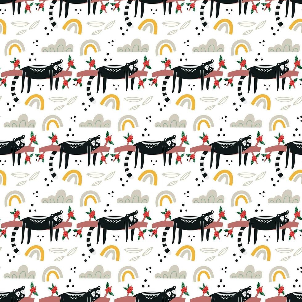 Civet Palm Cat on cherry coffee brunch surface pattern vector