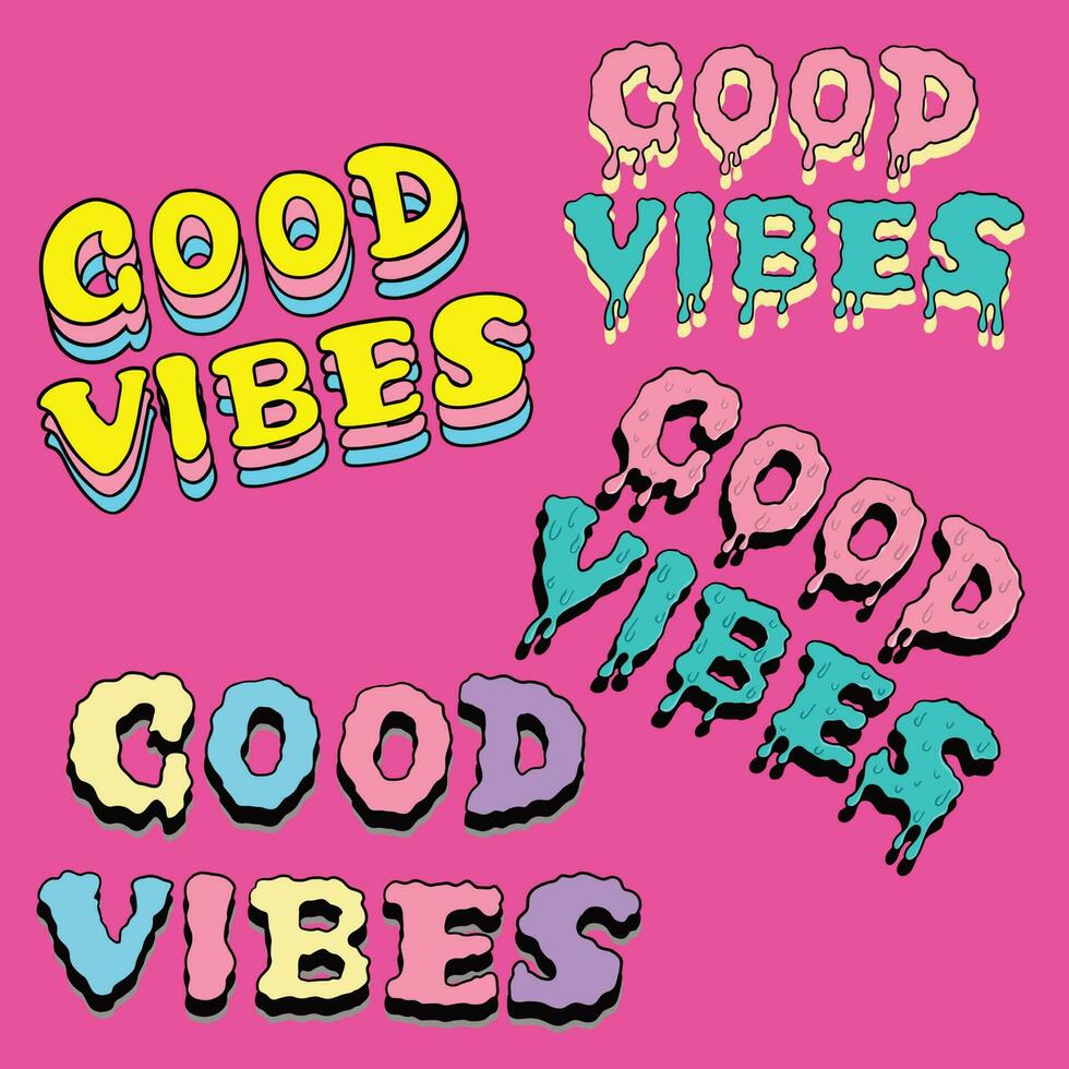 Set of Good Vibes Word Retro Colorful Lettering, Hand Draw vector