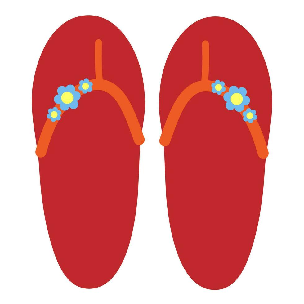 Red beach sandals with daisies. Floral flip flops. Summer shoes vector