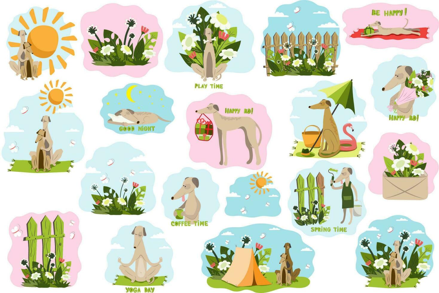 A set of pictures with a Greyhound. Dogs and nature, yoga, coffee, camping, birthday, games. Stickers, clipart vector