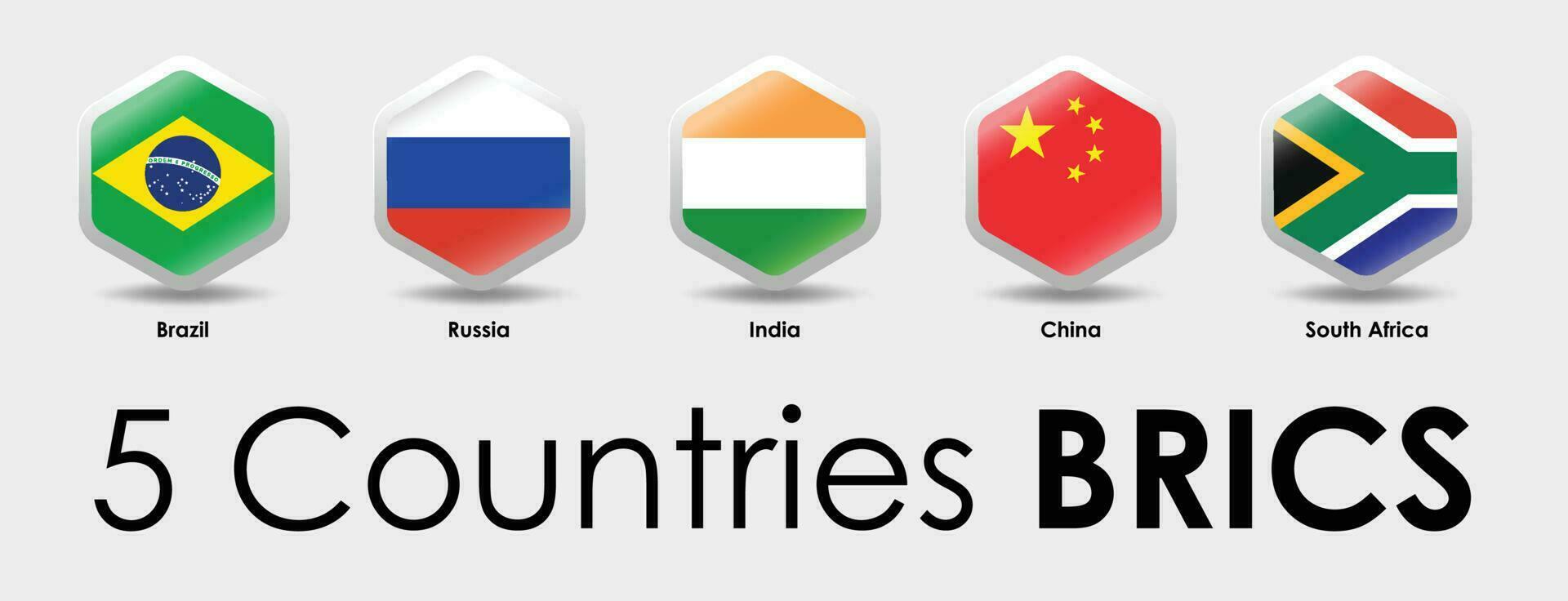 BRICS flags of 5 countries. Simple Hexagon shaped design. National flags icon set. Vector illustration on gray background