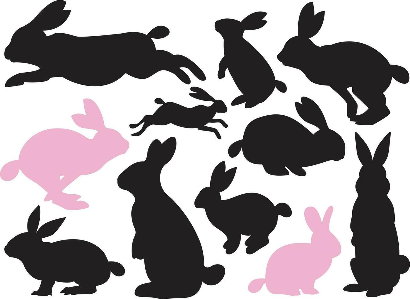 Silhouettes of easter bunnies are isolated on a white background. set of different acting rabbit silhouettes for design use. vector