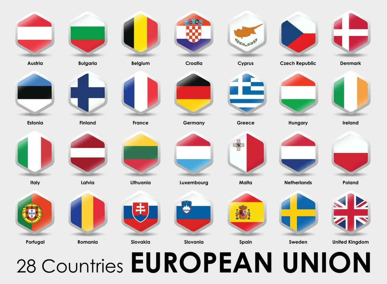 vector ilustración de hexágono forma banderas de el 25 países europeo Unión en gris antecedentes