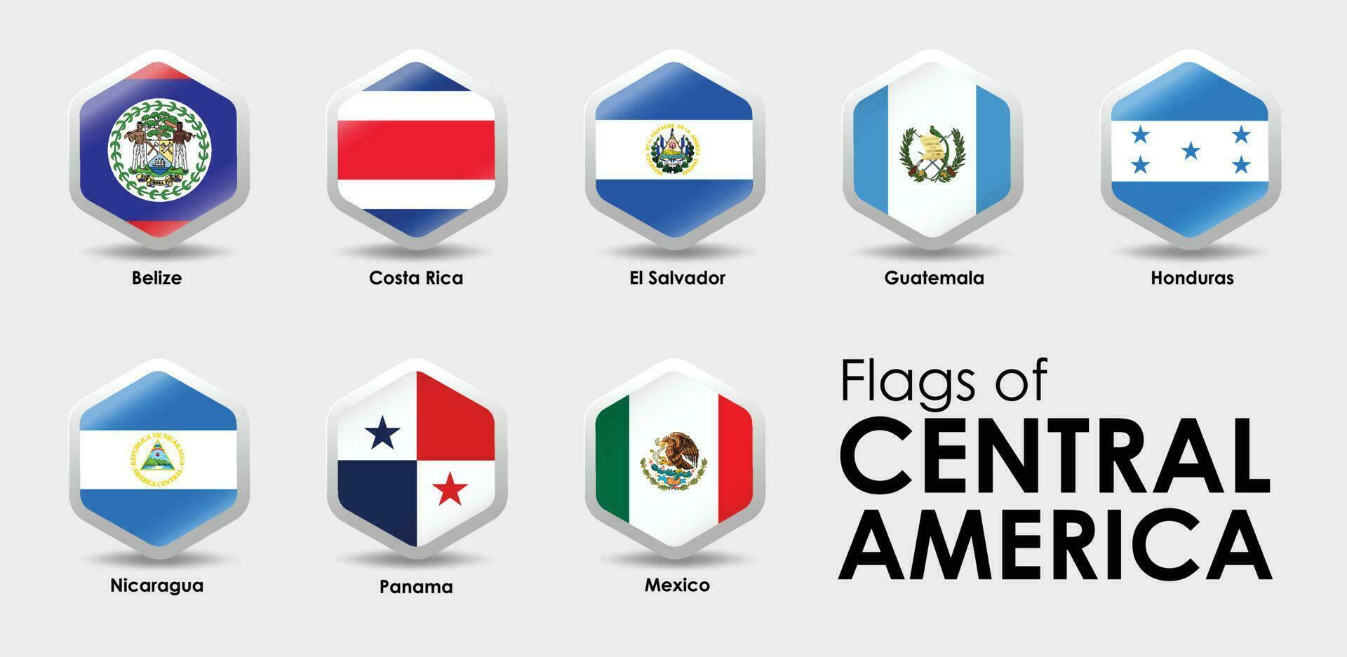 bandera íconos países de central America. sencillo hexágono forma diseño. nacional banderas icono colocar. vector ilustración en gris antecedentes