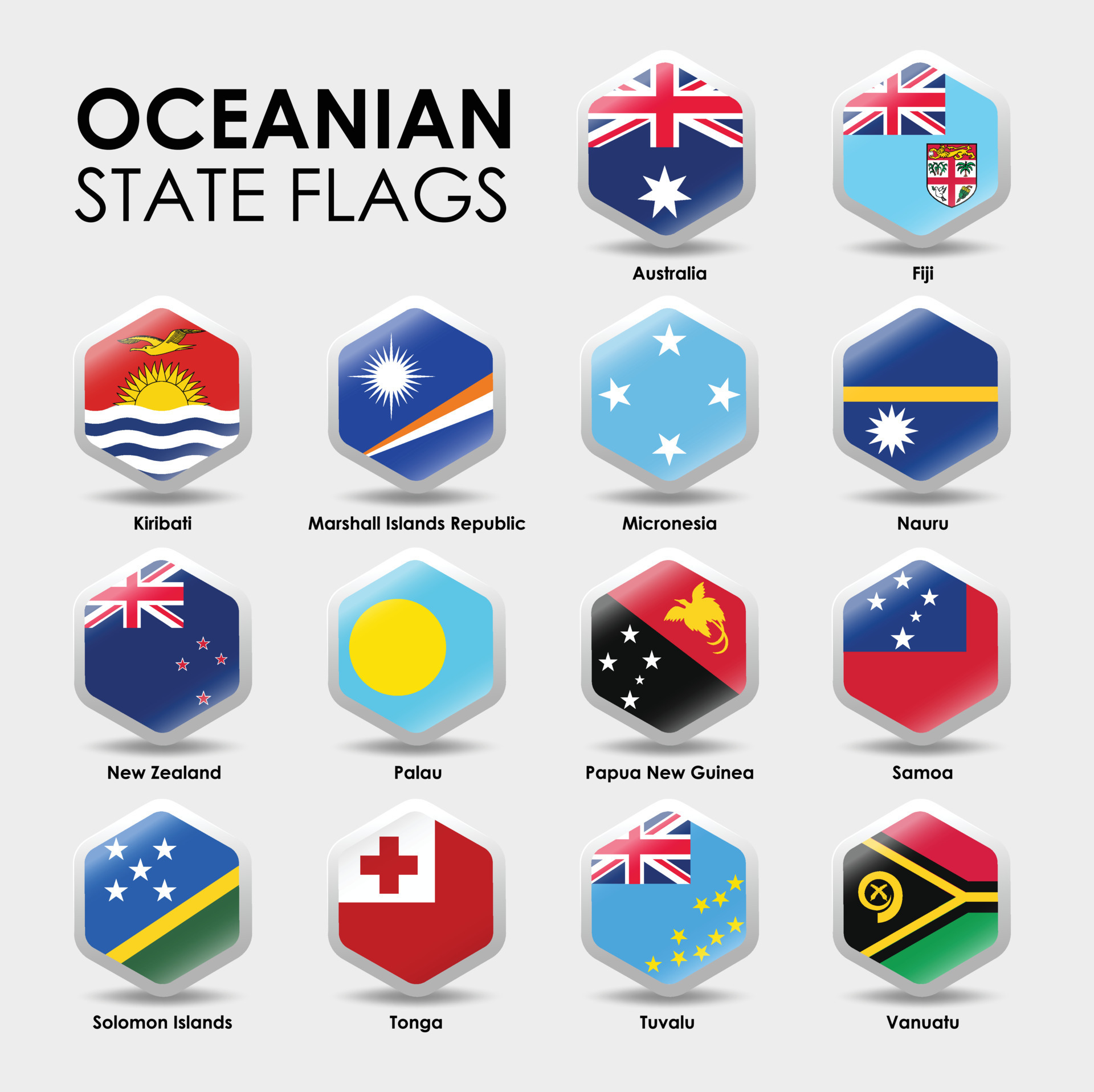 Set of Oceanian flags. Simple Hexagon shape design. National flags icon ...