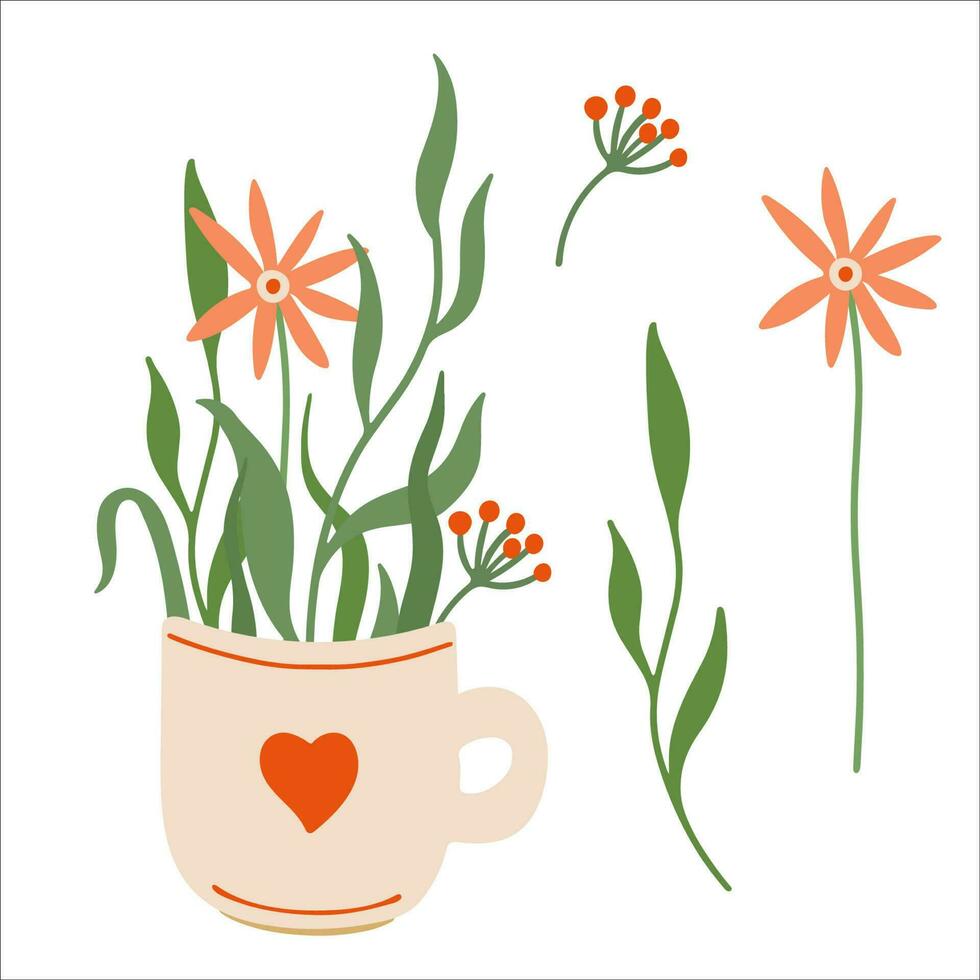 Herbal tea illustration. Wild flowers in a mug of tea decorated with heart. Hand drawn flat vector illustration isolated on white background. Great for posters, package, kitchen decorating.