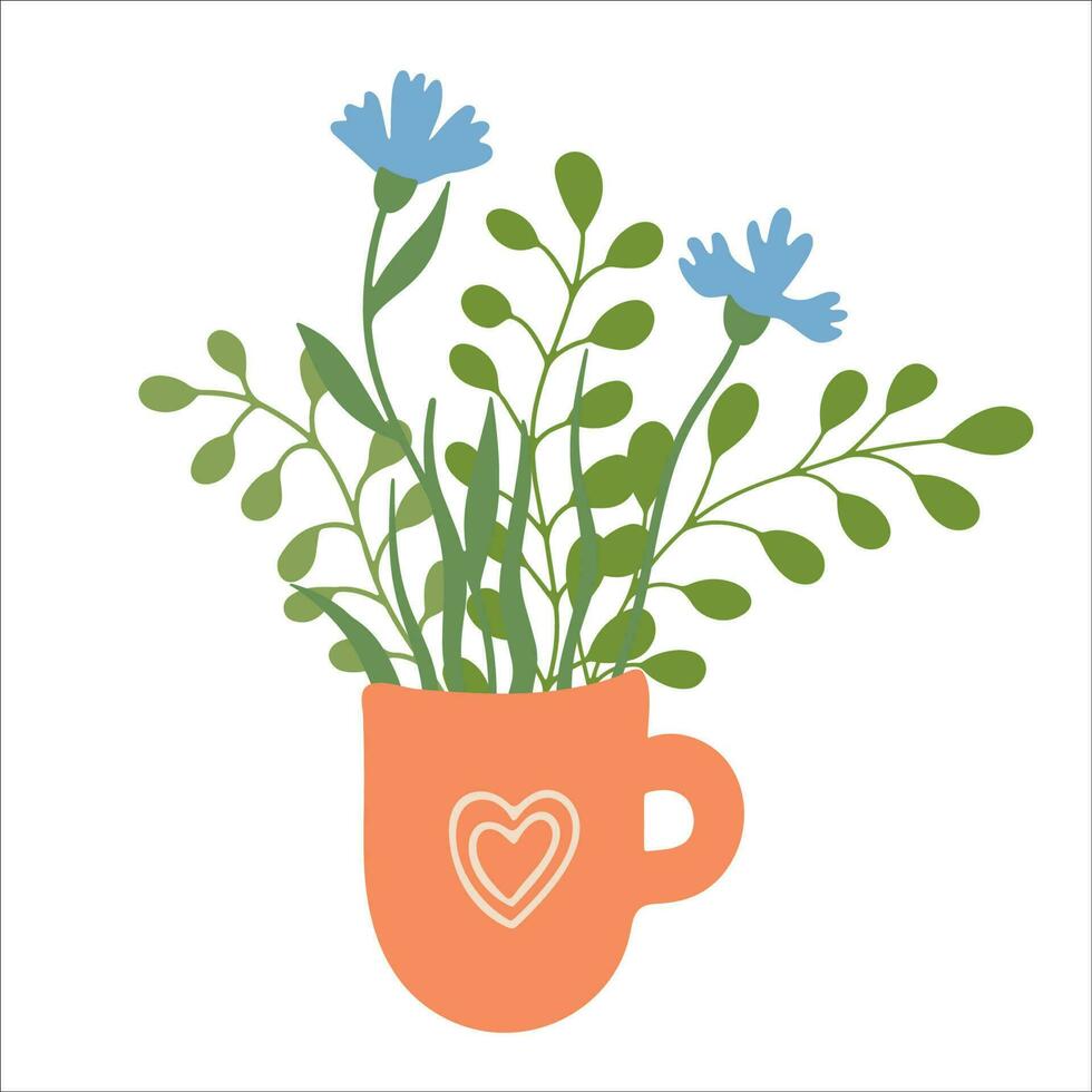 herbario té ilustración. azul salvaje flores en tazas de té. mano dibujado vector ilustración aislado en blanco antecedentes. genial para carteles, paquete, cocina decorando