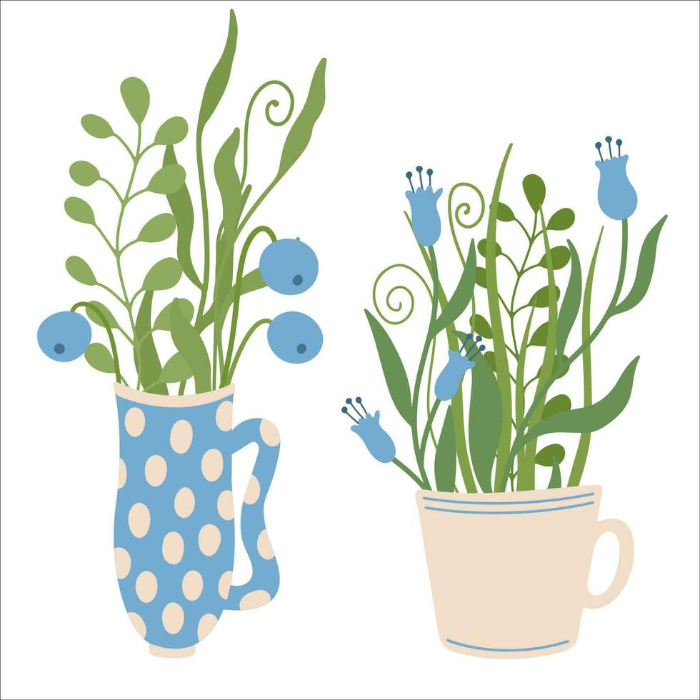 Herbal tea illustration. Blue wild flowers in mugs of tea. Hand drawn vector illustration isolated on white background. Great for posters, package, kitchen decorating. Summer wildflowers compositions.
