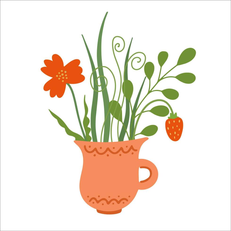 herbario té ilustración. salvaje flores y fresa en un jarra de té. mano dibujado plano vector ilustración aislado en blanco antecedentes. genial para carteles, paquete, cocina decorando
