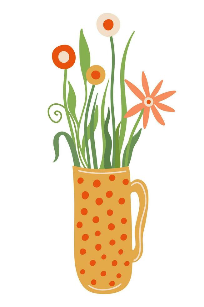 Herbal tea illustration. Wild flowers in a yellow mug of tea decorated with polka dots. Hand drawn flat vector illustration isolated on white background. Great for posters, package, kitchen decorating