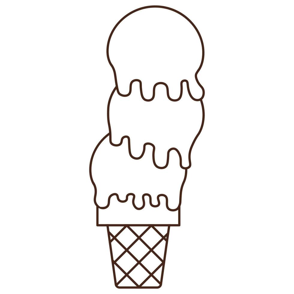 Cartoon outline ice cream in a waffle cup with scoops. Vector illustration
