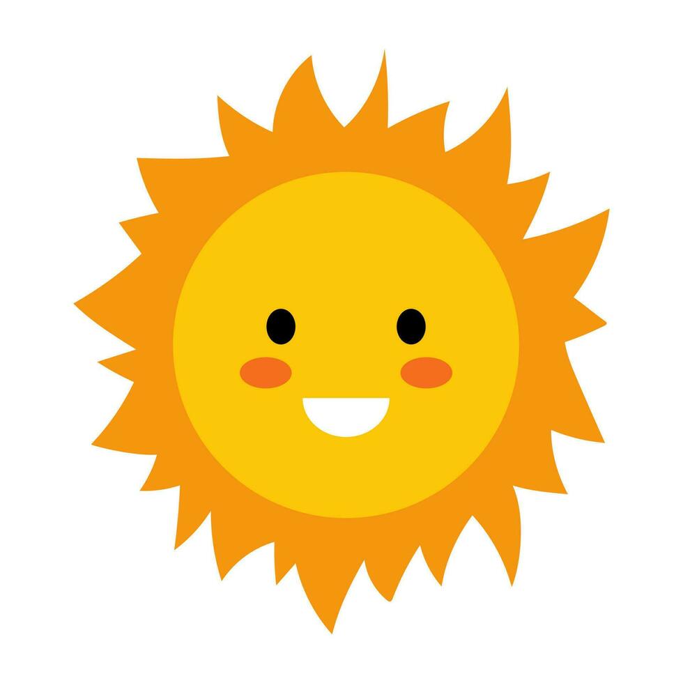 Vector smiling sun in flat design. Funny sun with face. Childish cute sunshine emoji. Simple kawaii sun with sunbeams. Baby sunshine with blush.