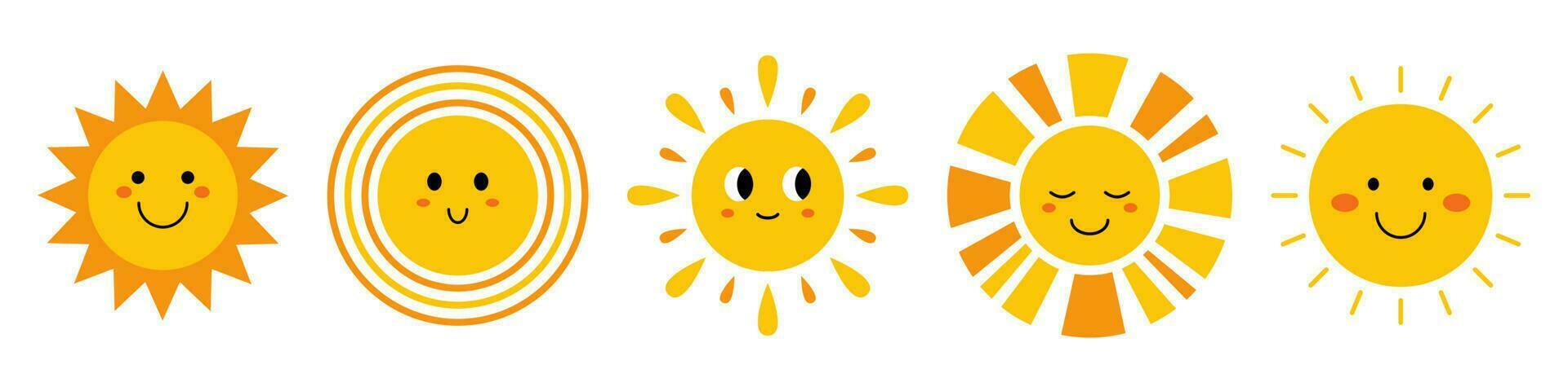 vector linda sonriente soles con rostro. gracioso infantil soles en plano diseño. infantil Brillo Solar emojis bebé soles con rayos de sol