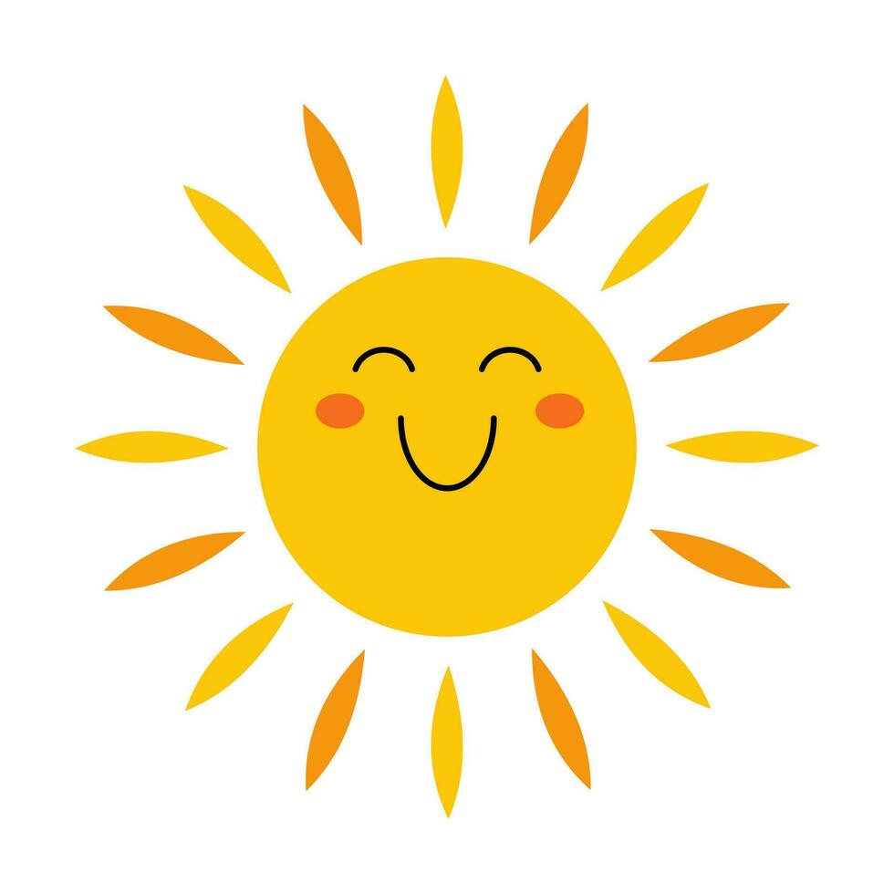Vector sun in flat design. Happy smiling sun. Childish cute sunshine emoji. Kawaii yellow sun with sunbeams. Baby sunshine with blush.