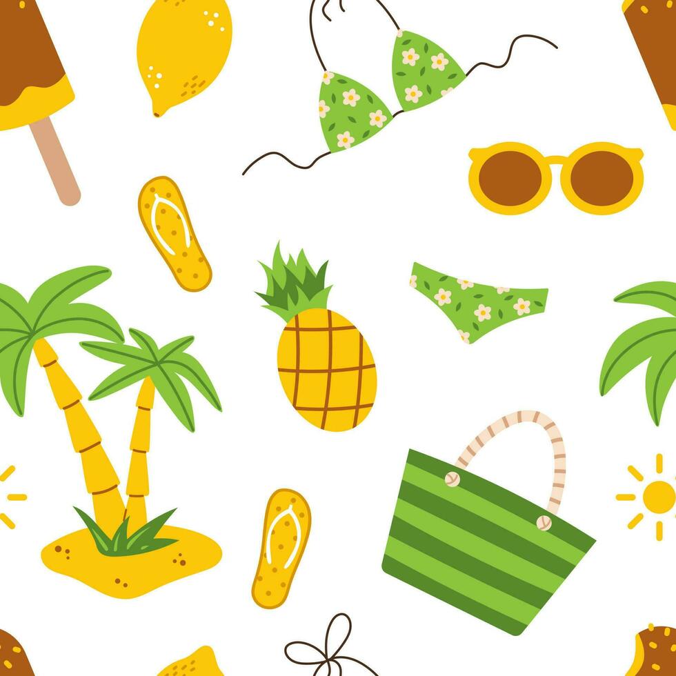 Vector seamless pattern with summer elements in flat design. Beach vibes. Summer holiday background in green and yellow colors. Relaxation on beach pattern.