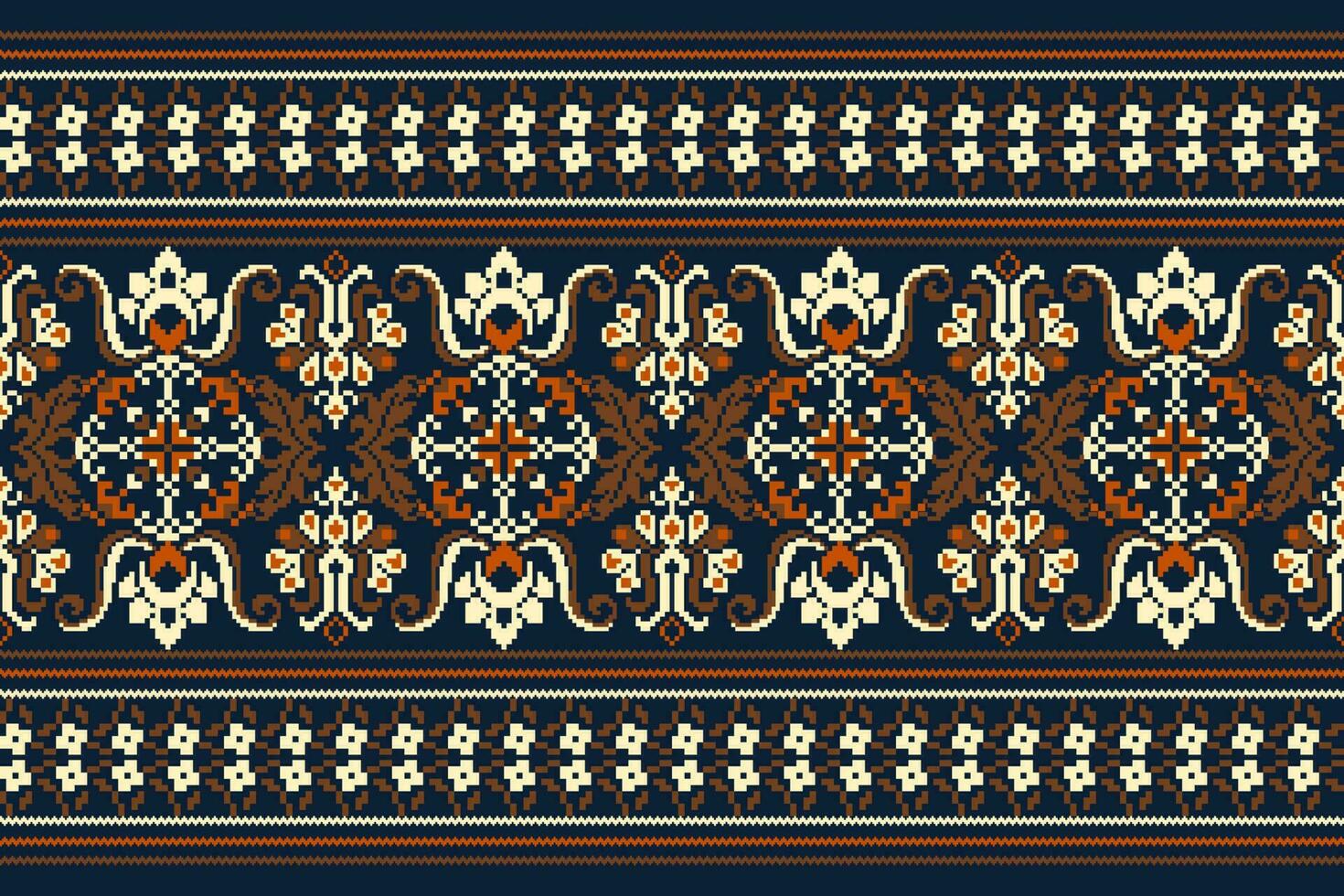 Floral knitted embroidery on navy blue background.geometric ethnic oriental pattern traditional.Aztec style abstract vector illustration.design for texture,fabric,clothing,wrapping,decoration,scarf.