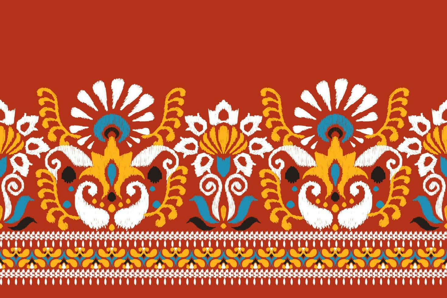 Indian Ikat floral paisley embroidery on red background.Ikat ethnic oriental pattern traditional.Aztec style abstract vector illustration.design for texture,fabric,clothing,wrapping,decoration,sarong.