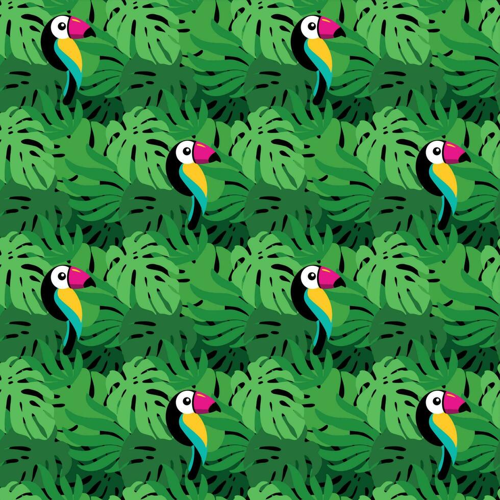 Toucan in rainforest. Summer print. Exotic bird. Seamless pattern. vector