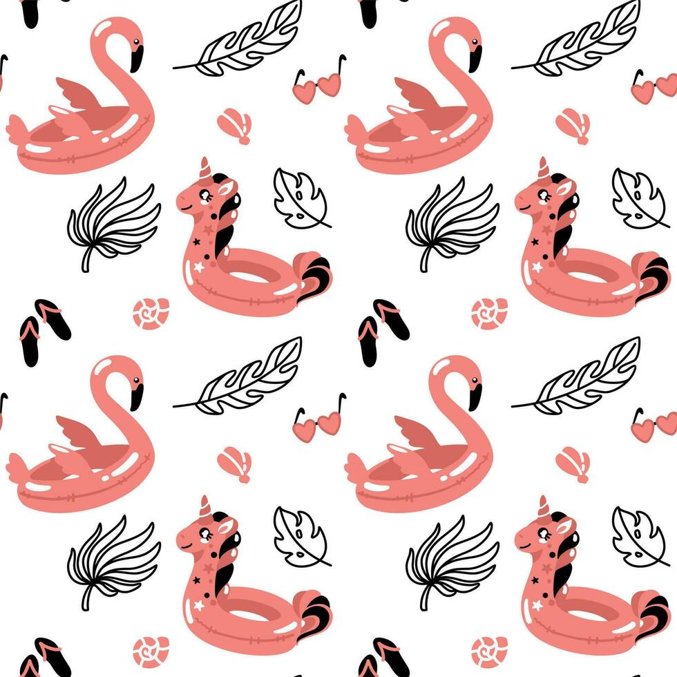 Inflatable flamingos and unicorns, tropical plants. Summer Vacations. Seamless pattern. vector