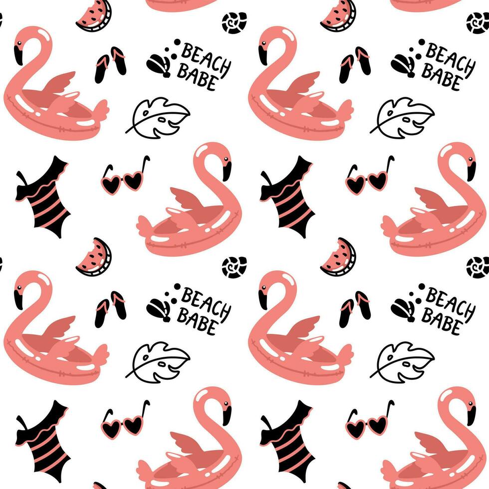 Inflatable flamingos and other beach objects. Summer print. Beach baby - a short phrase on seamless pattern. vector