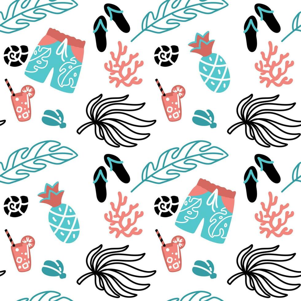 Summer beach accessories and tropical leaves. Seamless pattern. Vector. vector