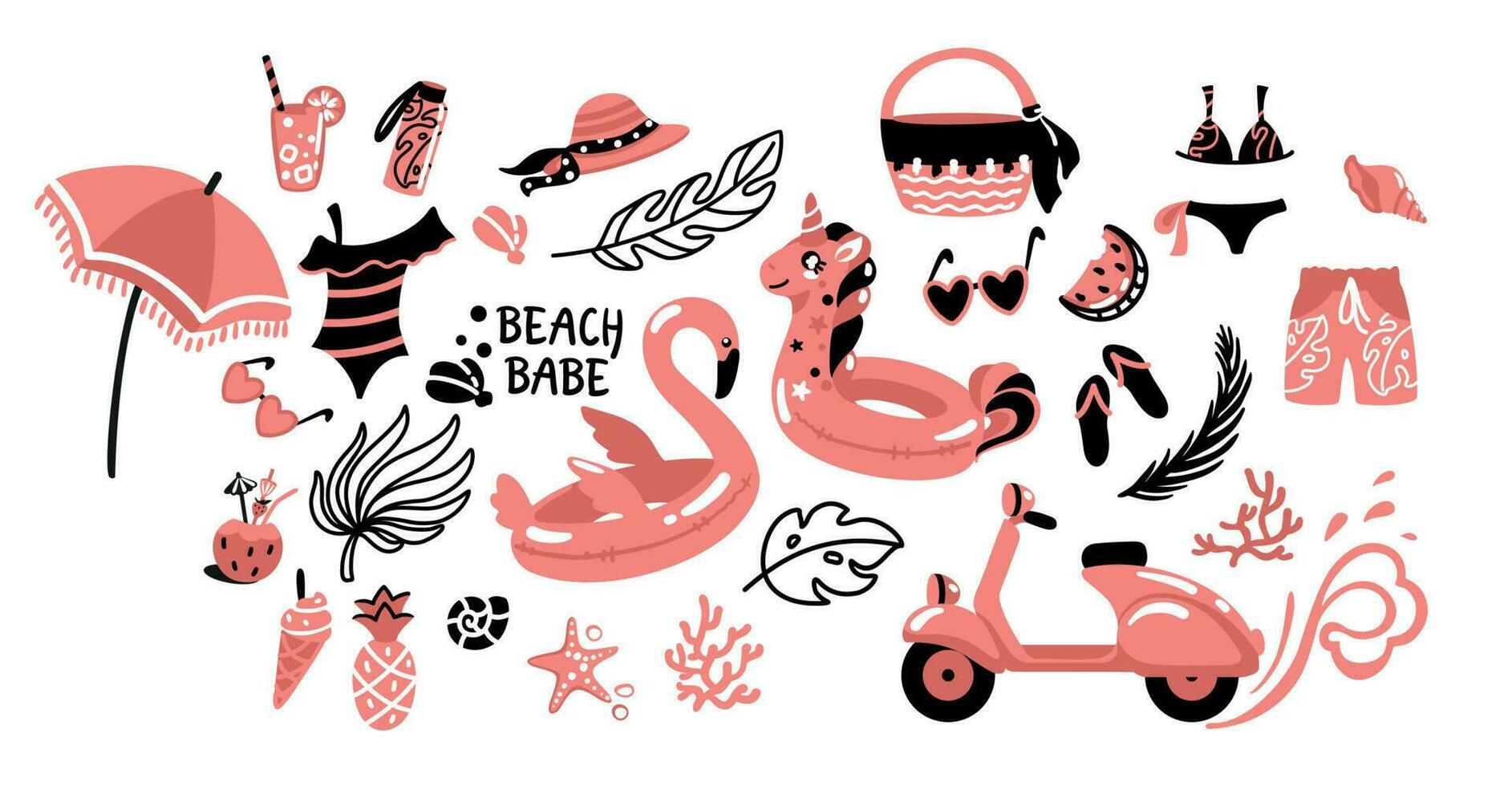 verano playa accesorios en rosado colores. conjunto de ilustraciones. vector. vector