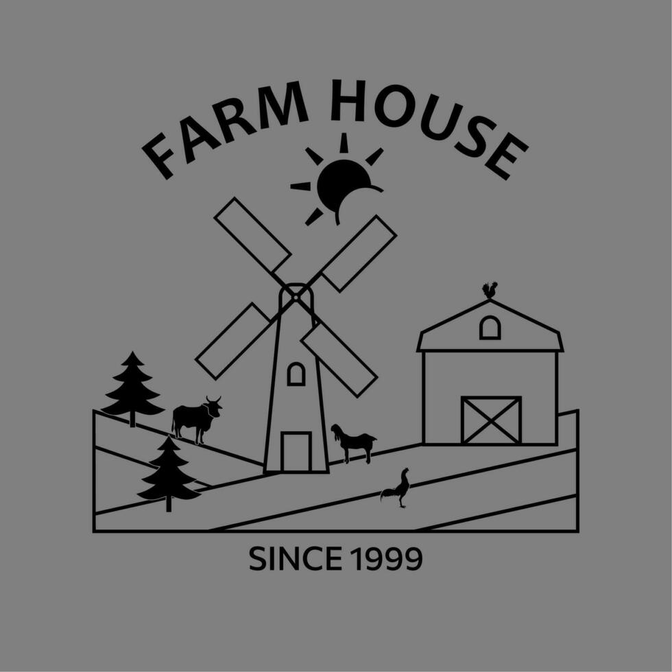 Farm House logo isolated on gray background. Black emblem with farmhouse,windmill farm animals and fields. Vector illustration.