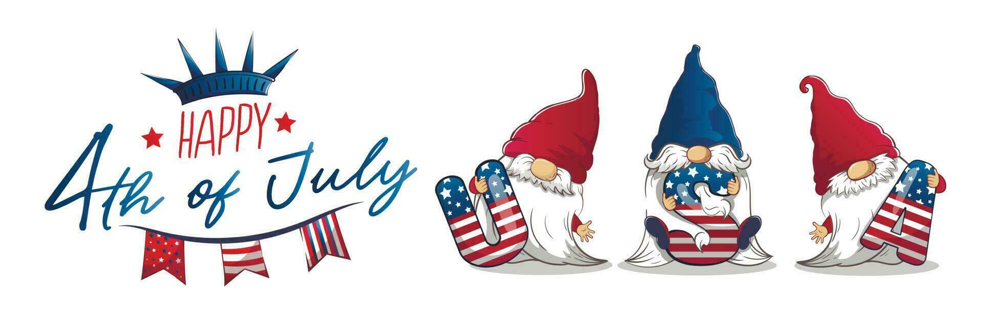 Long banner for July 4th Independence Day with cute patriotic leprechauns holding capital letters USA vector