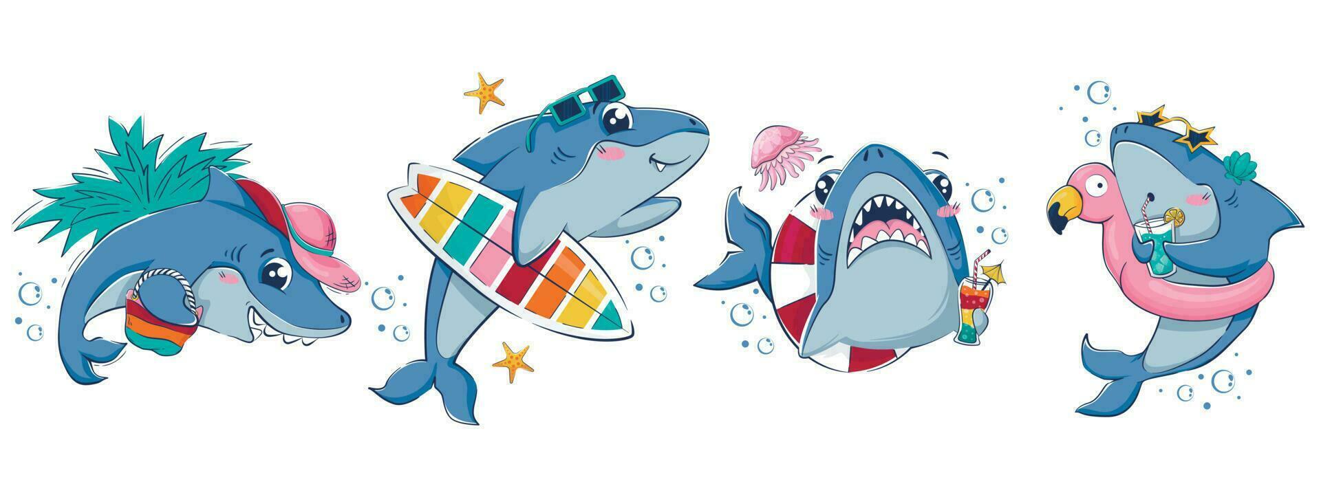 Collection of cartoon funny sharks. Summer beach characters for fashion design, advertising. vector