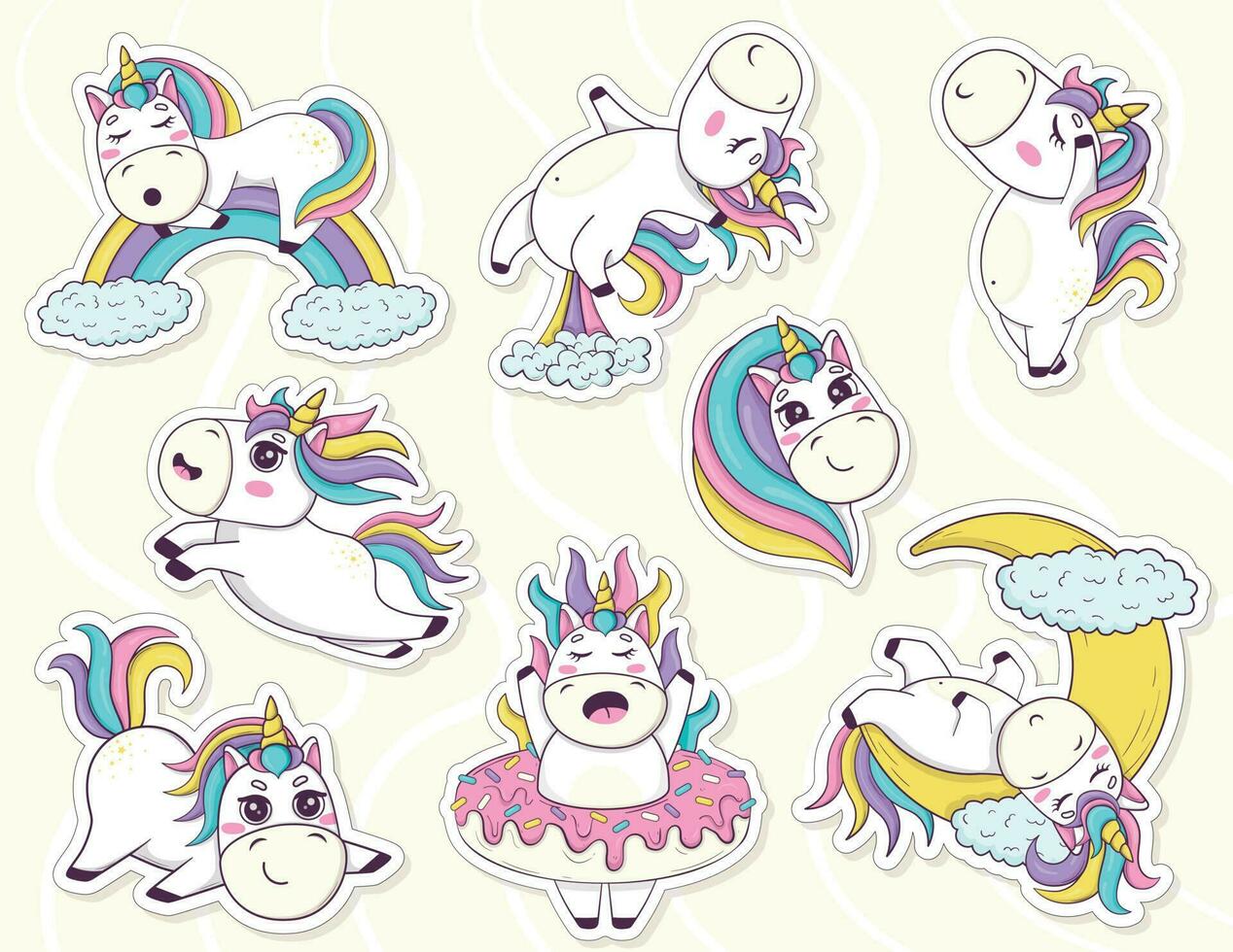 Bundle of stickers with funny kawaii unicorns in anime style for kids product design vector