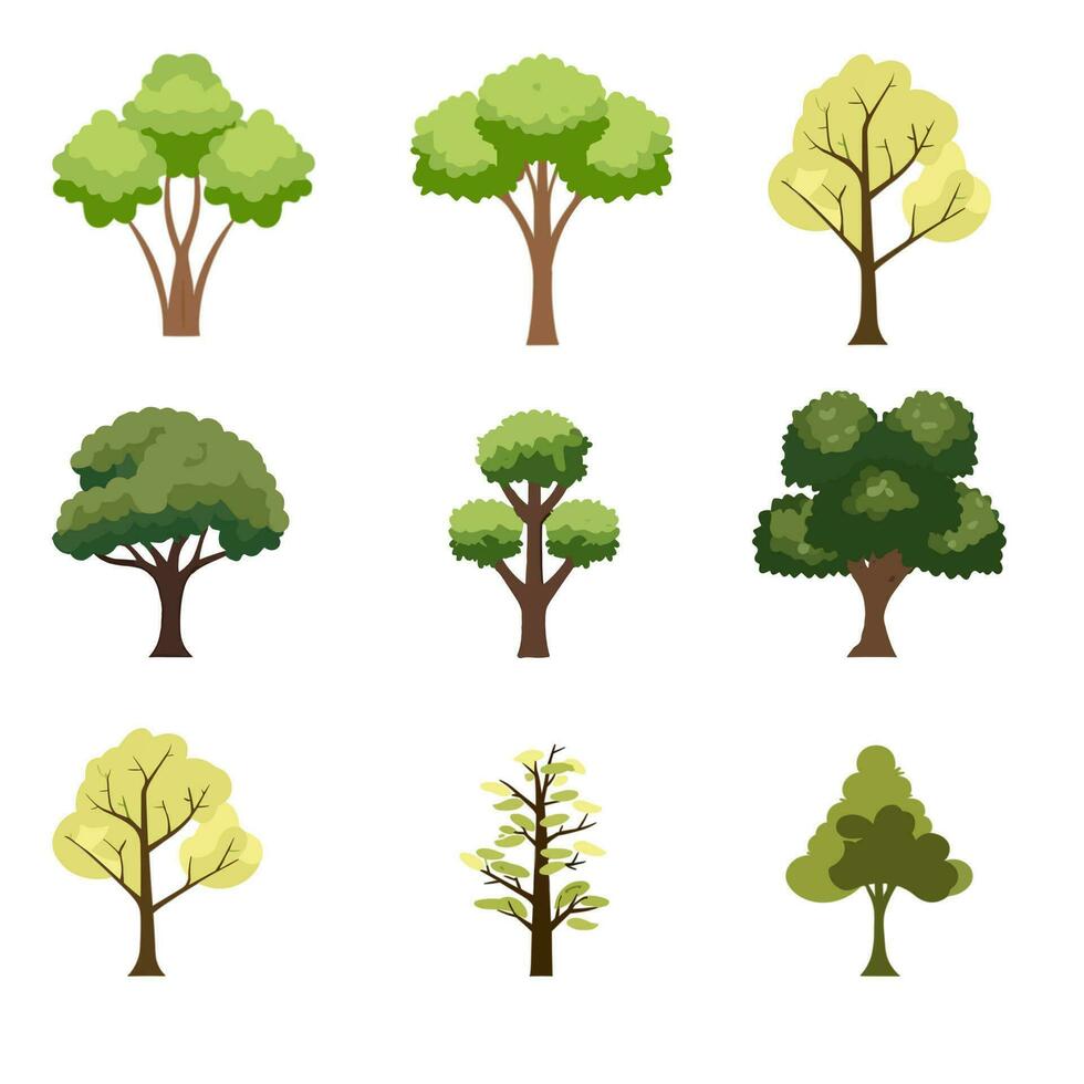 Flat trees in a flat design. Isolated on white background. Vector icons