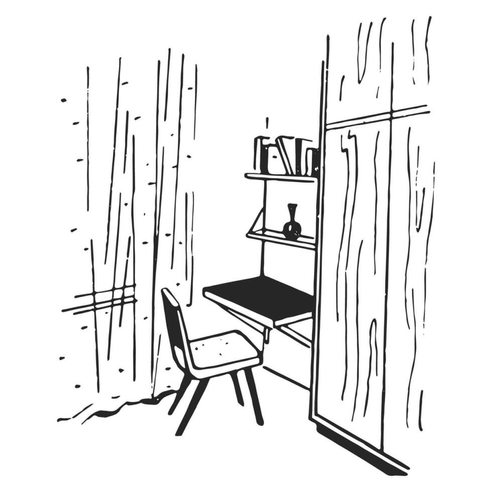 Room interior hand drawn ink illustration. Sketch vector drawing.