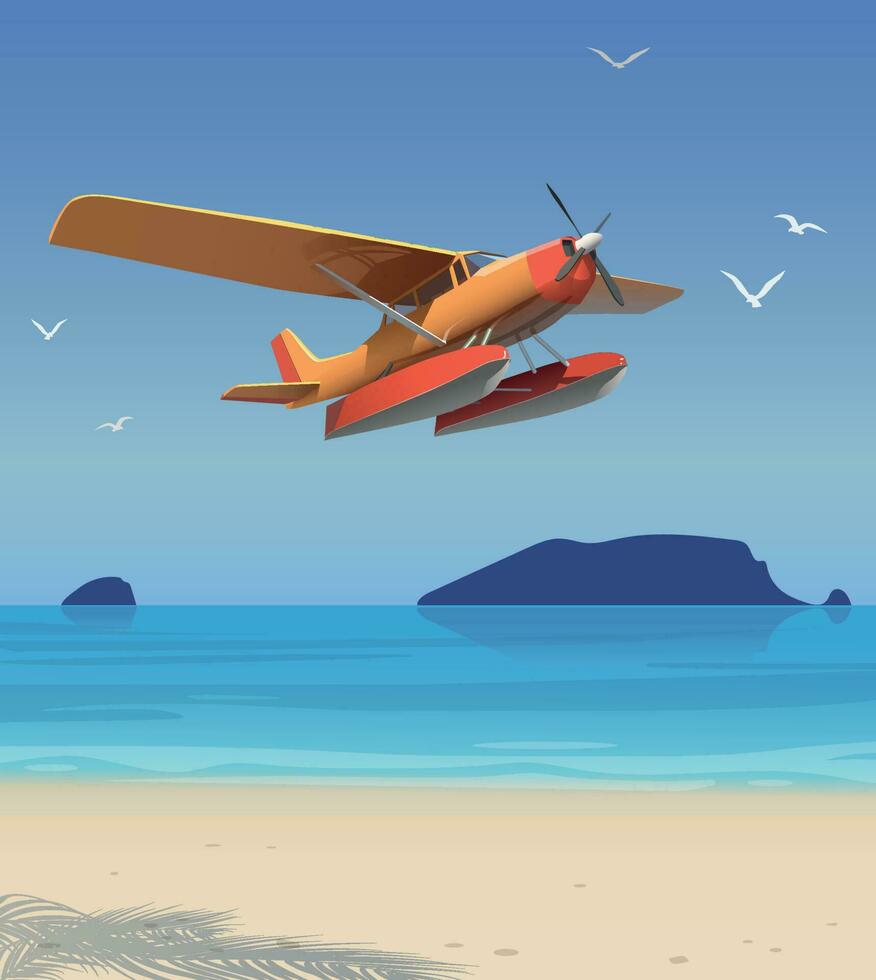 A seaplane flies over the beach. Vector. vector