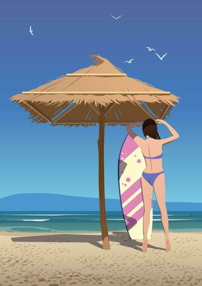 A girl under an umbrella straightens her hair, with a surfboard. Vector. vector