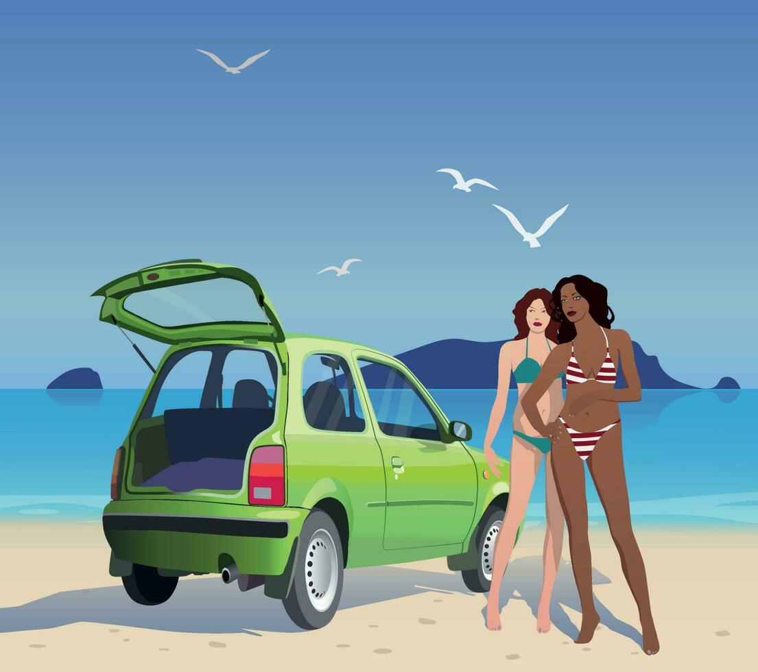 The girls went to the sea by car. Vector. vector
