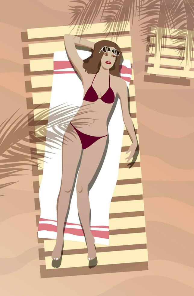 The girl at the summer resort is resting in the shade of palm trees. Vector. vector