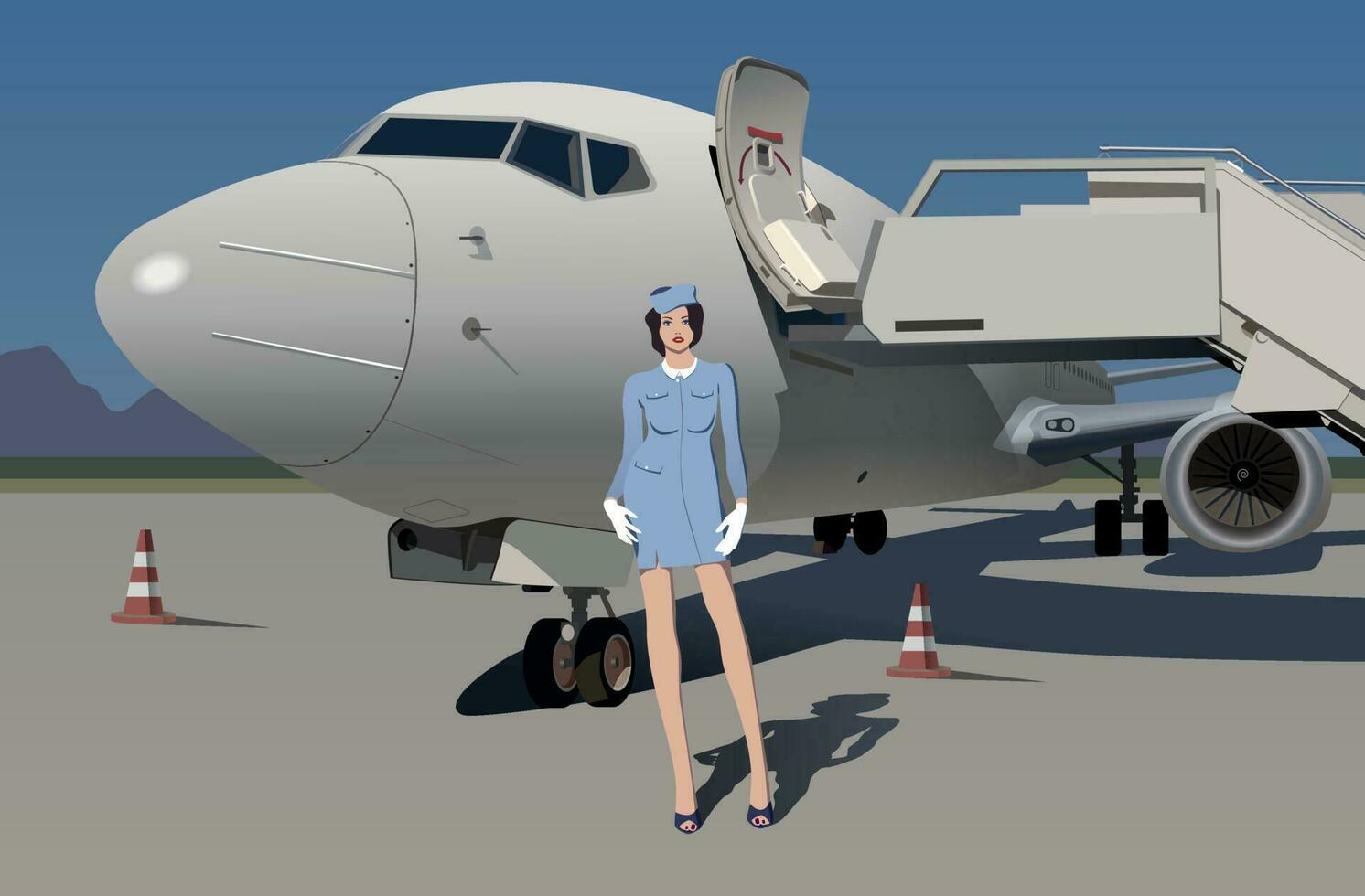 The stewardess meets passengers near the plane ladder. Vector. vector