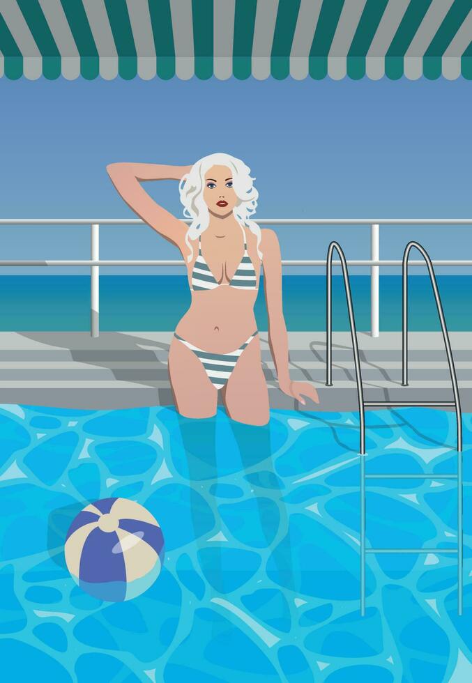 The girl swims in the pool by the sea. Vector. vector