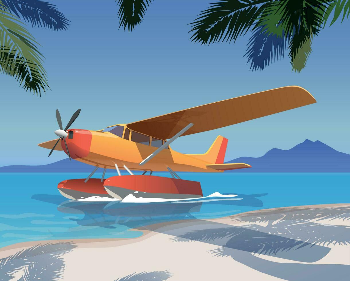 Airplane on floats near the shore on the waves. Vector. vector