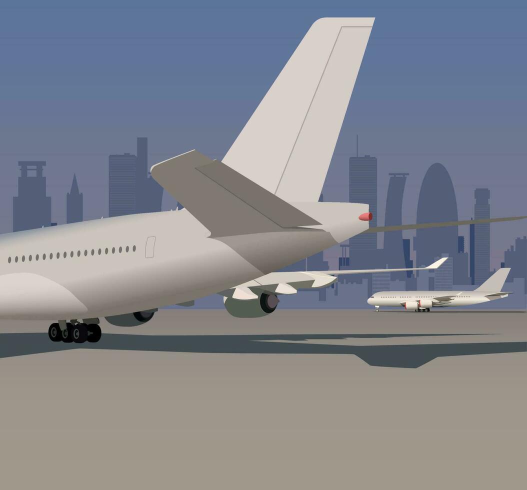 The tail of the plane on the background of the metropolis. Vector. vector