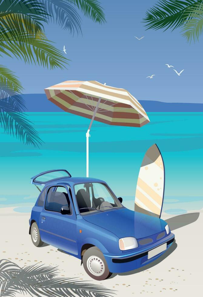 viaje por coche a el mar con playa accesorios. vector. vector