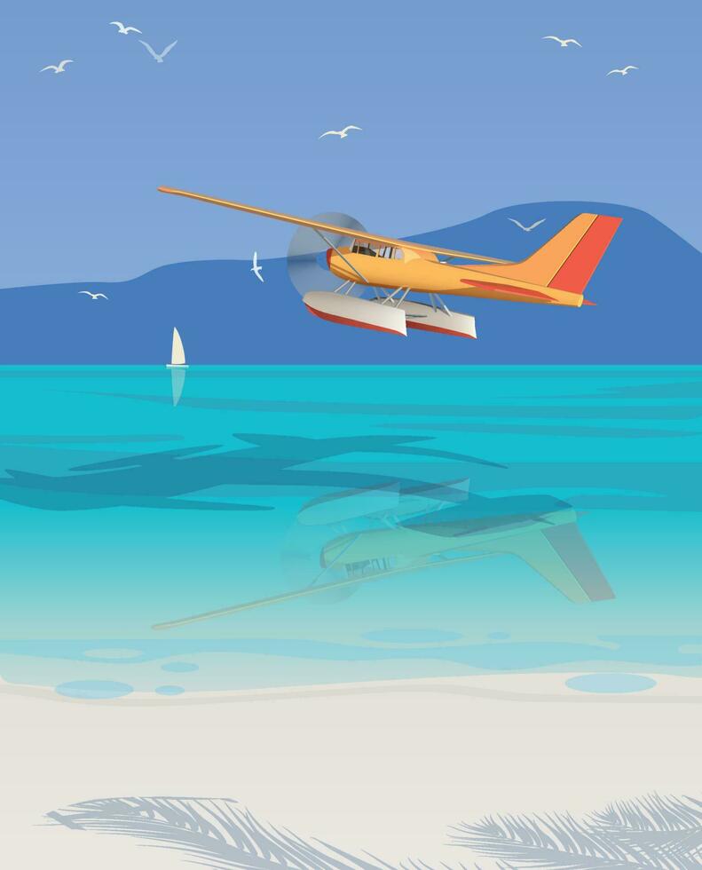 A small hydroplane flies over the beach. Vector. vector