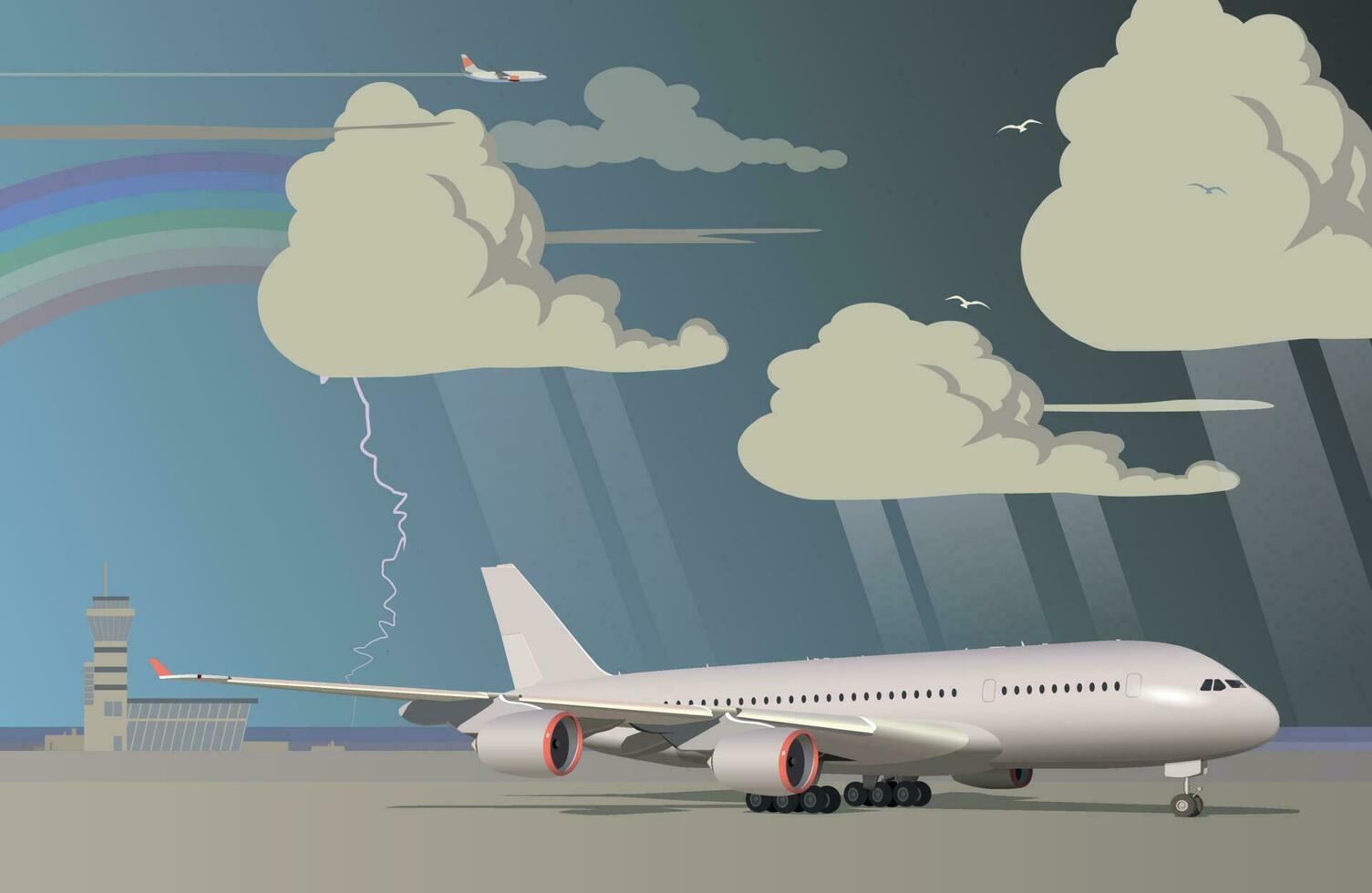 The plane stands on the platform of the airport during a thunderstorm. Vector. vector